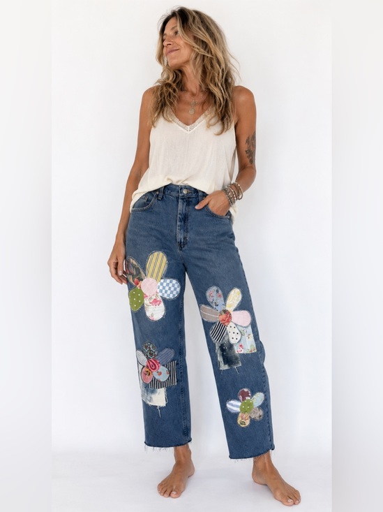 Wrangler Denim - Upcycled Wrangler Blue Floral applique Patchwork Jeans